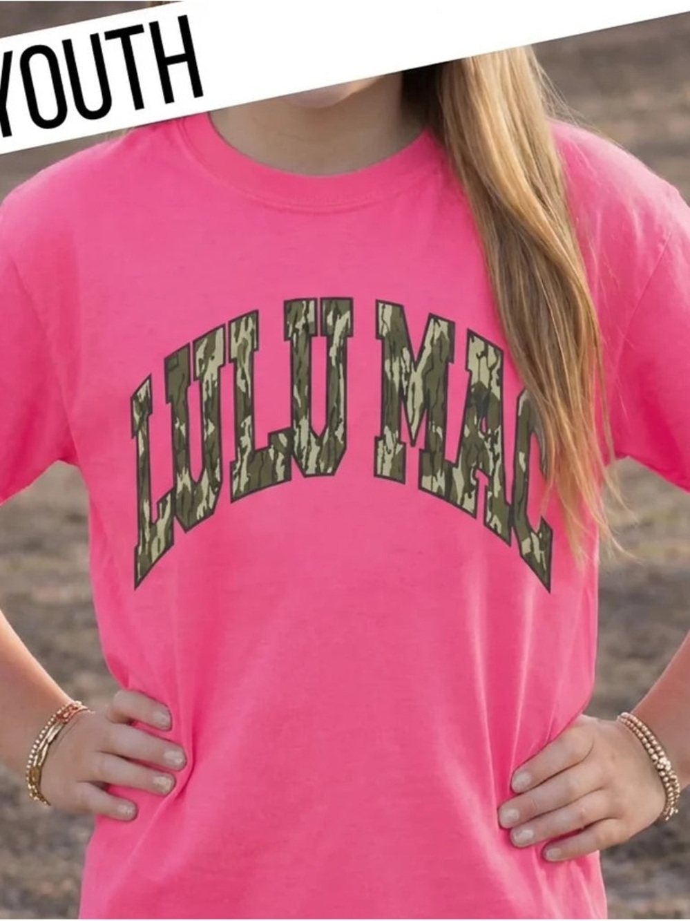 Lulu Mac Bottomland Neon Pink Youth Comfort Colors Mossy Oak Tee